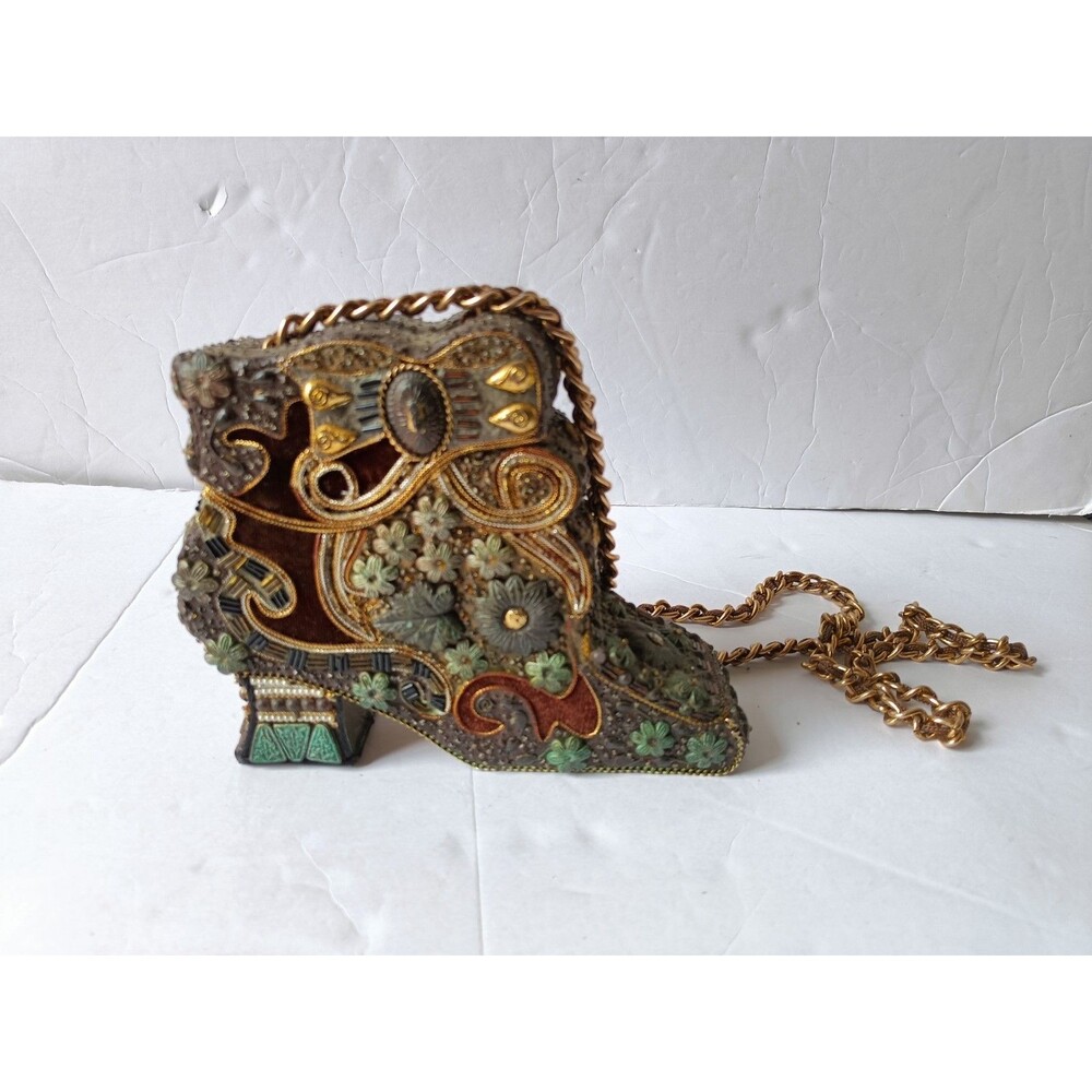 Mary Frances Beaded Boot Shaped Box Clutch Handbag Crossbody Chain Strap Rare